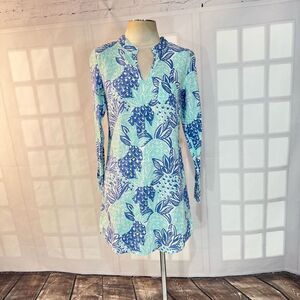 Hiho 3/4 sleeve blue green pineapple print linen tunic dress size small